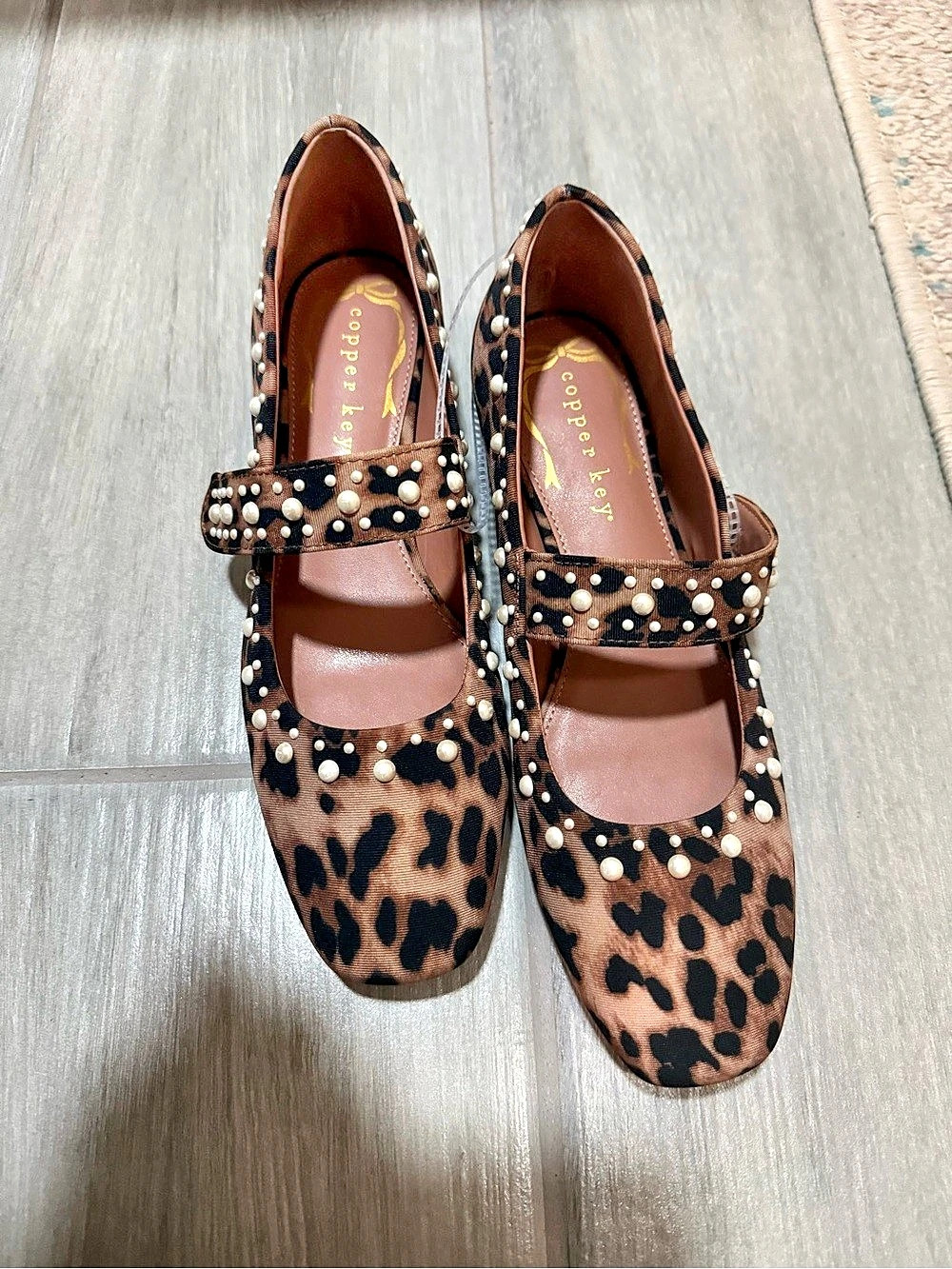 Copper Key Pearl Studded Leopard Print Mary Jane Pumps